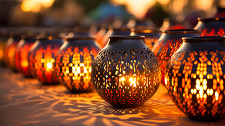 Moroccan lanterns at dusk, Festival of lights, Intricate metalwork casting patterned shadows,の素材