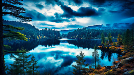 Starry night above serene lake, Milky Way reflection, Cosmic wonders mirrored in still waters,の素材