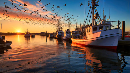 Busy harbor with fishing boats, seagulls, and freshly caught seafood,の素材