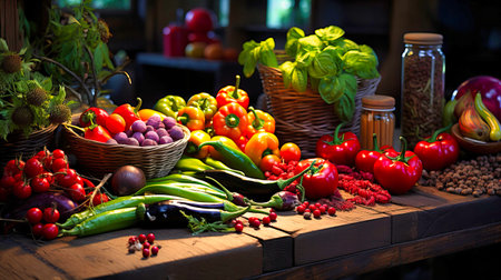 A rustic wooden table adorned with a vibrant array of freshly harvested vegetables and aromatic herbs.の素材
