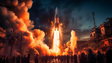Stunning imagery of a rocket launch with fiery exhaustの素材