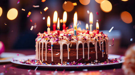 Festive close-up of blowing out candles on a homemade birthday cakeの素材