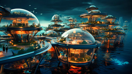 Revolutionary depiction of floating habitats, illustrating futuristic architectural possibilities,の素材