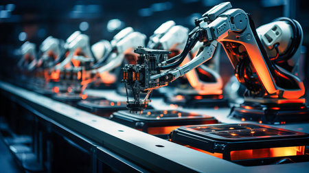 Elegant choreography of robotic arms, symbolizing the precision of automated research,の素材