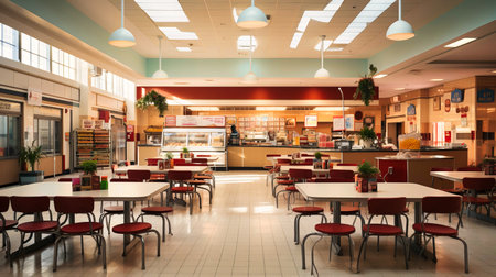 Sensory-rich depictions of school cafeterias, mosaics of taste and communal bonding,の素材