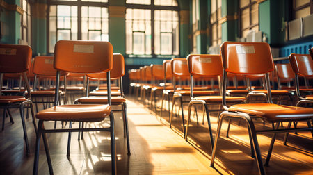 Harmonious alignment of chairs in an empty classroom, anticipating the arrival of eager mindsの素材