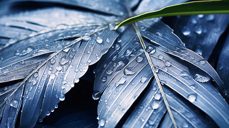 Mystical fusion of frosty patterns on lush palm leaves, a canvas of nature paradox,の素材