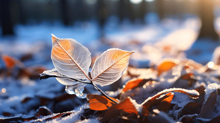 Sublime display of icy leaves under the gentle winter light, a tableau of grace and resilience,の素材