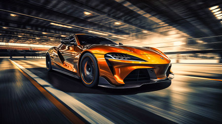 High-speed action shot of a sports car on a racetrackの素材