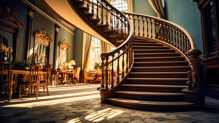 Elegant spiral staircase winding through a historic interioの素材