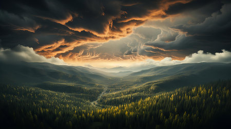 Dramatic Thunderstorm Brewing Over Lush Forest Valleys Under Ominous Sky at Duskの素材