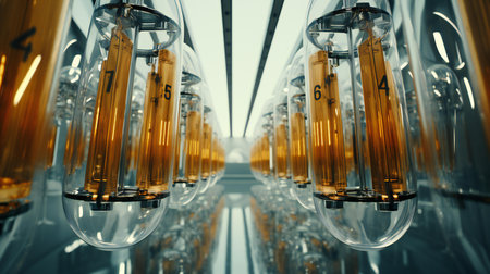 Advanced Laboratory with Numbered Cylindrical Vessels Containing Amber Liquid in a Scientific Research Settingの素材