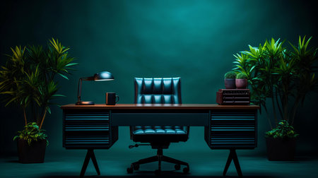Modern Home Office Setup with Desk, Chair, Lamp, and Plants in Moody Lightingの素材