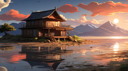 Tranquil Lakeside Traditional Japanese House at Sunset with Reflective Water and Mountain Backdropの素材
