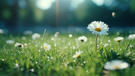Serene Daisy Field Basking in Sunlight with Dew Drops Glistening on Fresh Spring Morningの素材