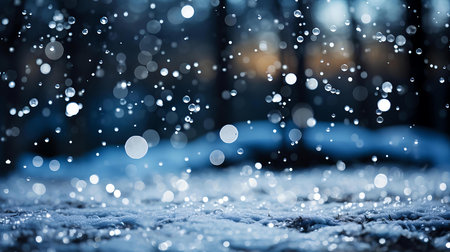 Enchanting Winter Snowflakes Falling Gently at Night, Illuminated by a Soft, Ethereal Blue Lightの素材