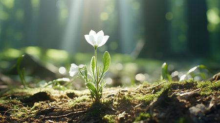 Serene Forest Awakening as a Single Flower Triumphs in the Sunlit Tranquil Woodland Morningの素材