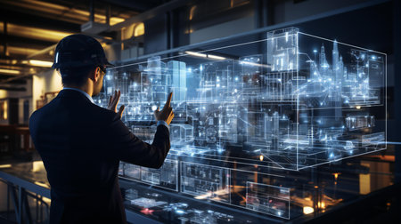 Innovative Engineer Interacting with Futuristic Holographic Cityscape in High-Tech Urban Planning Projectの素材