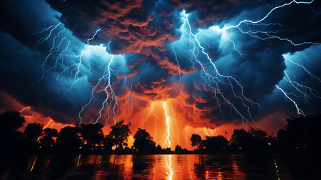 Majestic Thunderstorm Unleashes Brilliant Lightning over Calm Lake with Menacing Clouds Aboveの素材