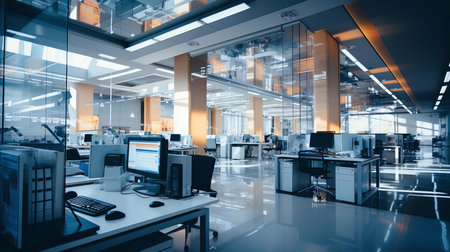 Modern Corporate Office Interior with Reflective Floors and State-of-the-Art Technology Workstationsの素材