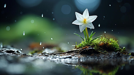 Single White Flower Thriving on Mossy Ground Under Gentle Raindrops Reflecting Nature's Serenityの素材