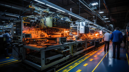 Advanced Manufacturing Plant with High-Tech Machinery and Engineers Monitoring Production Lineの素材