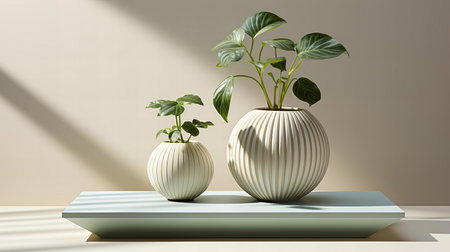 Indoor Greenery with Potted Plants Casting Soft Shadows on Minimalistic Modern Tableの素材