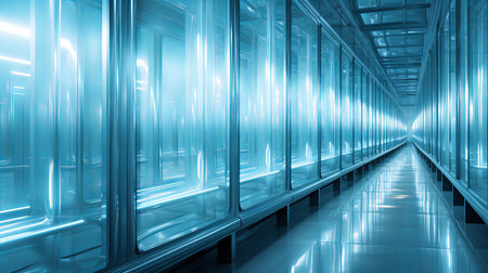 Futuristic Data Center Hallway with Glowing Lights Reflecting on Polished High-Tech Interior Surfacesの素材