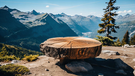 Majestic Mountain View with Carved Wooden Structure Overlooking a Peaceful Alpine Landscapeの素材