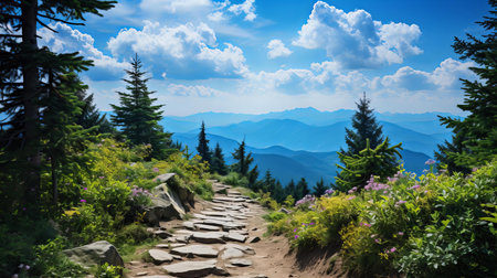 Stone Path Leading Through Flowering Wilds Overlooking Misty Blue Mountain Ranges Under Summer Skyの素材