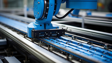 Advanced Blue Robotic Arm in Precision Automation Work on Industrial Conveyor Beltの素材