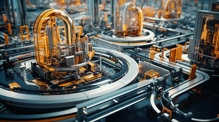 Futuristic Industrial Complex with Advanced Machinery and Robotic Automation in a High-Tech Facilityの素材