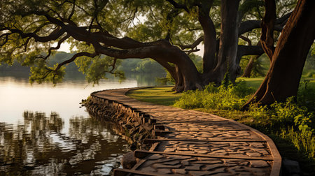 Serene Lakeside Path Winding Under Majestic Trees at Dawn's Early Lightの素材