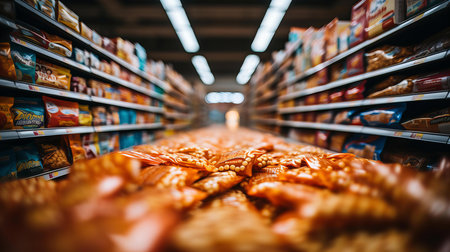 Endless Aisles of Packaged Snacks Line the Shelves in a Modern Supermarket Grocery Storeの素材