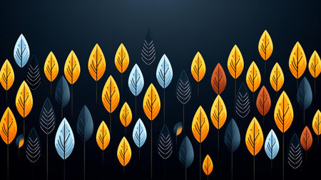 Abstract Autumn Pattern with Stylized Leaves in Shades of Blue, Orange, and Blackの素材