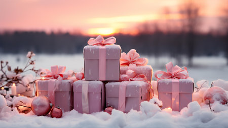 Winter Wonderland Sunset with Snow-Covered Pink Gifts and Festive Christmas Ornamentsの素材