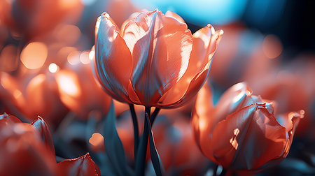 Radiant Tulips Basking in the Glow: A Vivid Display of Nature's Beauty in Warm Lightの素材