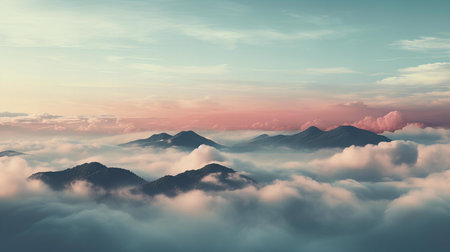 Majestic Mountain Peaks Emerging Above Soft Clouds During a Serene Pastel Sunsetの素材