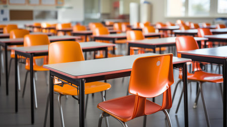 Empty Classroom with Rows of Orange Chairs and Desks in a Modern Educational Settingの素材
