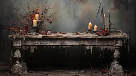 Abandoned Elegance, Weathered Stone Table, Wax Candles, Red Roses, Fading Memories, Artistic Still Lifeの素材