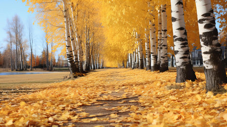 Autumn Serenity: Golden Leaves Blanket a Path Through Birch Trees Under a Clear Blue Skyの素材