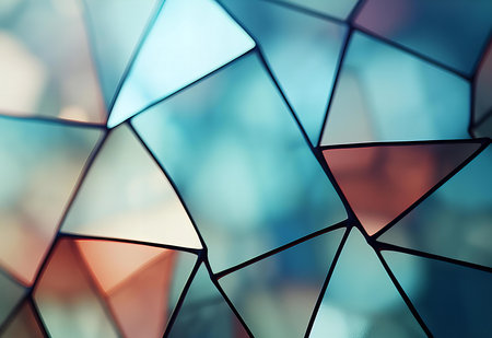 Abstract Geometric Shapes Creating a Mosaic of Beautifully Colored Glass Panes in Soft Lightの素材