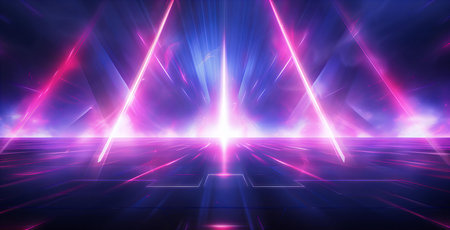 Vibrant Neon Laser Lights Piercing Through the Darkness in a Futuristic Abstract Landscapeの素材