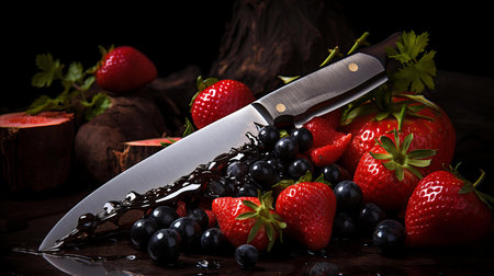 Fresh Organic Berries with Glistening Drops and Sharp Knife on Dark Wooden Backgroundの素材