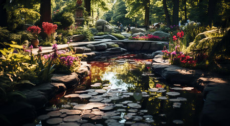 Serene Garden Oasis: Water Lilies Floating, Blossoms Blooming, Nature's Peaceful Embrace Unfoldsの素材