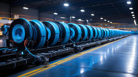 Industrial Warehouse Storing Massive Coils of Blue Cable in a Neatly Organized Production Lineの素材