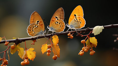 Trio of Orange Butterflies Resting on a Twig Among Autumn Leaves and Golden Berriesの素材