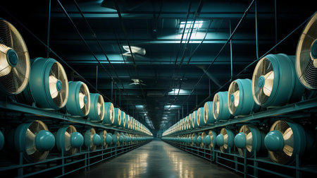 Endless Rows of Turquoise Industrial Fans in a Modern Factory Interior at Nightの素材