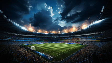 Electric Atmosphere in Stadium with Dramatic Sky and Lightning Over Excited Soccer Fansの素材