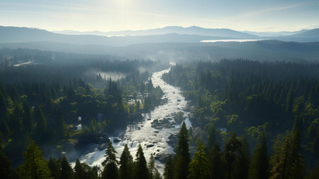 Misty Sunrise over a Serene Forest River with Mountain Backdropの素材